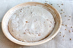 Dough rising in the proofing basket with rye grain photo