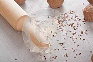 Dough with rolling pin on the table