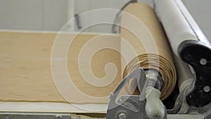 Dough twist in roll around special equipment on conveyor in bakery factory.