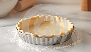 Doughfilled metal form on a mottled surface, ready for the oven, with diffused lighting.