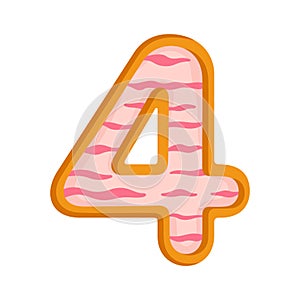 Doughnut cartoon number 4. Glazed pink donut digit Four.