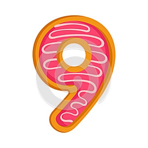 Doughnut cartoon number 9. Glazed pink donut digit nine.