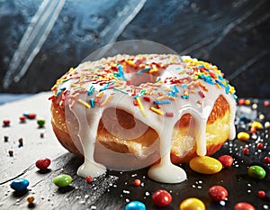 Doughnut with glaze and colorful sprinkles