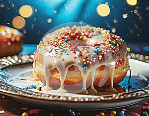 Doughnut with glaze and colorful sprinkles