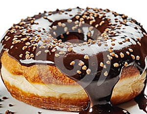 Doughnut with melting chocolate topping and nuts isolated on white background