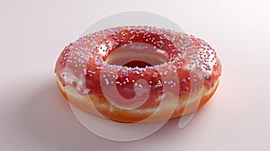 Doughnut with pink frosting and sprinkles on a white surface