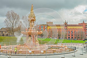 The Doulton Fountain and Templeton Building in city of Glasgow, Scotland