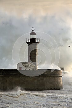 Douro river mouth lighthouse stormy splash