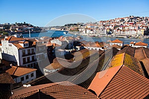 Douro river and Ribeira from roofs at Vila Nova de Gaia, Porto
