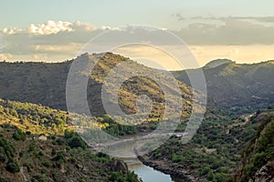 Douro river valley, separates portugal from spain .Landscape river with amazing sunset in mountain