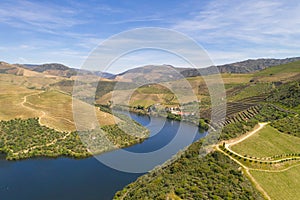 Douro river wine valley region drone aerial view, Portugal