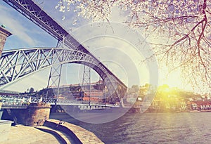 Douro riverside with the Dom Luiz bridge at spring , Porto , Portugal