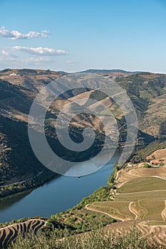 Douro Valley, Portugal. Top view of river, and the vineyards are on a hills