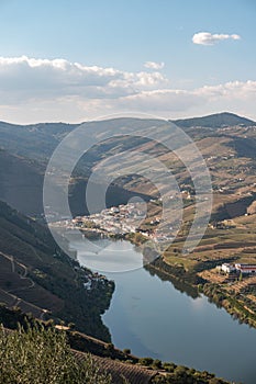 Douro Valley, Portugal. Top view of river, and the vineyards are on a hills