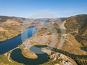 Douro wine valley region, Portugal. Vineyards landscape tourist attraction and travel destination. Drone aerial top view of s shap