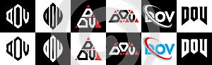 DOV letter logo design in six style. DOV polygon, circle, triangle, hexagon, flat and simple style with black and white color