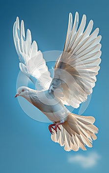 Dove in the air with wings wide open in-front of the blue sky