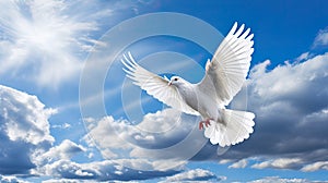 Dove in the air with wings wide open in-front of sky