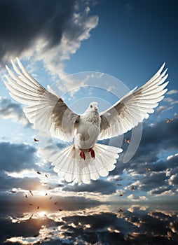 Dove in the air with wings wide open in-front of the sun