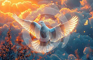 Dove in the air with wings wide open in-front of the sun