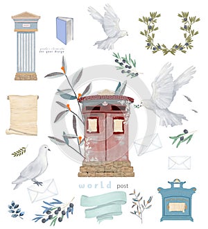 Dove and Antique Post set UK, England, Germany mailbox watercolor bird fly peace dove for wedding celebration illustration similar