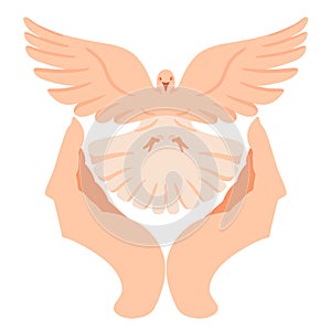 Dove bird carrying olive branch in beak as a peace symbol. Vector logo or icon. No war concept