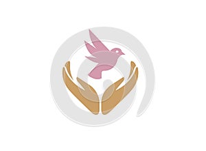 Dove bird between hands care human health and nature for logo design