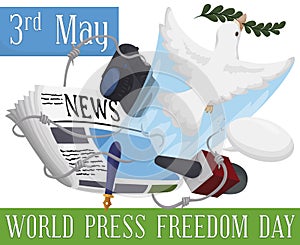 Dove Breaking a Barbed Wire to Celebrate World Press Freedom Day, Vector Illustration