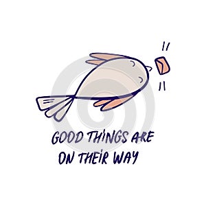 Dove brings good news illustration. Hand-drawn vector doodle with bird holding letter and motivational positive quote. Good news