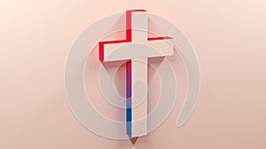 Dove Cream Lights And Shadows Cross Jesus Christianity Symbol 3D Rendering With Red And Blue Gradient On Side Stick To The Wall