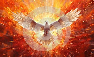 Dove of Divine Light: Depiction of the Holy Spirit as a Dove.The outpouring of the Holy Spirit and the dawn of golden light: photo