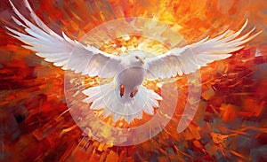 Dove of Divine Light: Depiction of the Holy Spirit as a Dove. The outpouring of the Holy Spirit and the dawn of golden light: photo