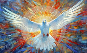 Dove of Divine Light: Depiction of the Holy Spirit as a Dove. The outpouring of the Holy Spirit and the dawn of golden light: photo