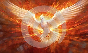 Dove of Divine Light: Depiction of the Holy Spirit as a Dove.The outpouring of the Holy Spirit and the dawn of golden light: photo