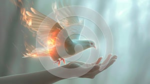 A dove with fiery wings ascending from an open hand, representing hope.