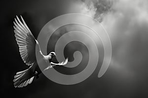 Dove in flight against cloudy sky in monochrome