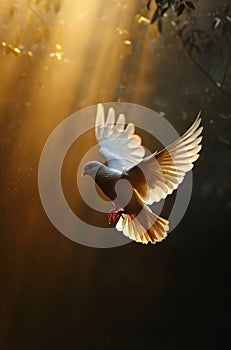 dove in flight with a sun and light bridging in photo