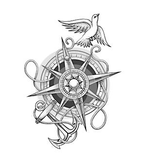 Dove Flying Above Compass and Anchor with Ropes Engraving Tattoo