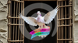 Dove flying from cage with ribbon reading 'Zero Discrimination