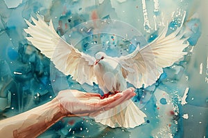 Dove flying from hand, international peace day, faith, freedom, charity and help concept, humanitarian aid