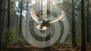 Dove Flying Over Forest: Vray Style, Humanistic Spirit, Photo-realistic Landscapes