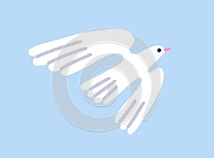 Dove flying in sky. Feathered bird spreading wings in flight, soaring, gliding in air. Peaceful free white pigeon