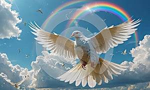 A dove is flying in the sky with two rainbows.