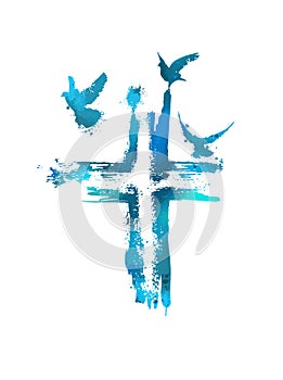 Dove flying with a Symbol of Religion. Cross. Dove Of Peace. No war. Freedom to Ukraine . Happy easter. Vector