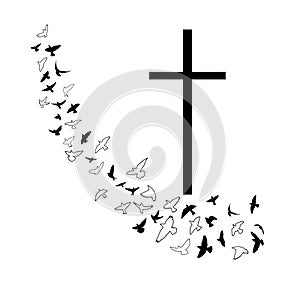 Dove flying with a Symbol of Religion. Cross. Dove Of Peace. No war. Freedom to Ukraine . Vector illustration.