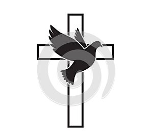 Dove flying with a Symbol of Religion. Cross. Dove Of Peace. Vector illustration. Holy Spirit