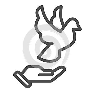 Dove on hand line icon, world peace day concept, flying pigeon and human palm sign on white background, person hand and