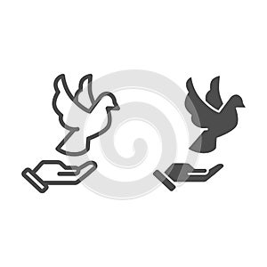 Dove on hand line and solid icon, world peace day concept, flying pigeon and human palm sign on white background, person