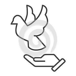 Dove on hand thin line icon, world peace day concept, flying pigeon and human palm sign on white background, person hand