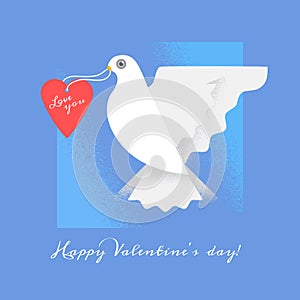 Dove with heart. Wedding invitation card with doves. Happy Valentine`s Day Card